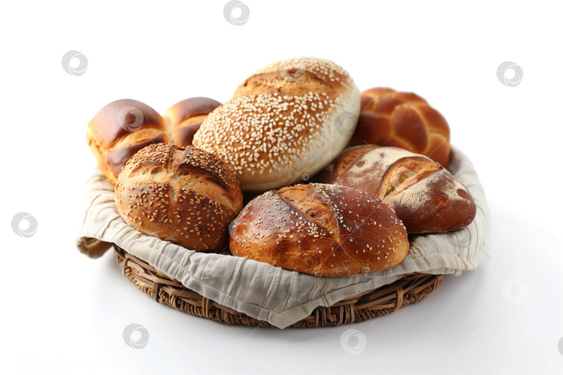 Скачать Корзинка с разными сортами хлеба на белом фоне, крупным планом фотосток Ozero