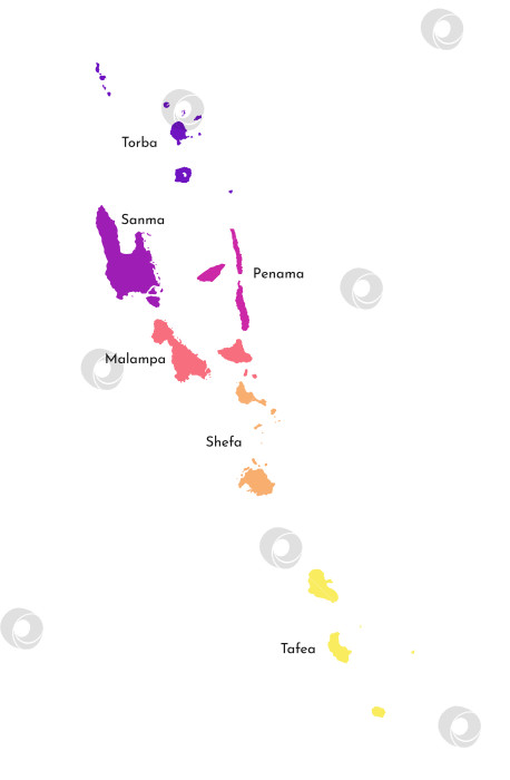 Скачать Векторная изолированная иллюстрация упрощенной административной карты Вануату. Границы и названия провинций, регионов. Разноцветные силуэты. фотосток Ozero