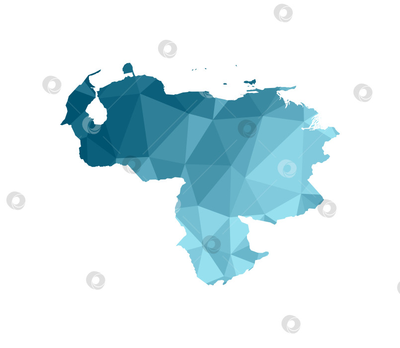Скачать Векторная изолированная иллюстрация с упрощенным синим силуэтом карты Венесуэлы. Многоугольный геометрический стиль, треугольные формы. Белый фон. фотосток Ozero