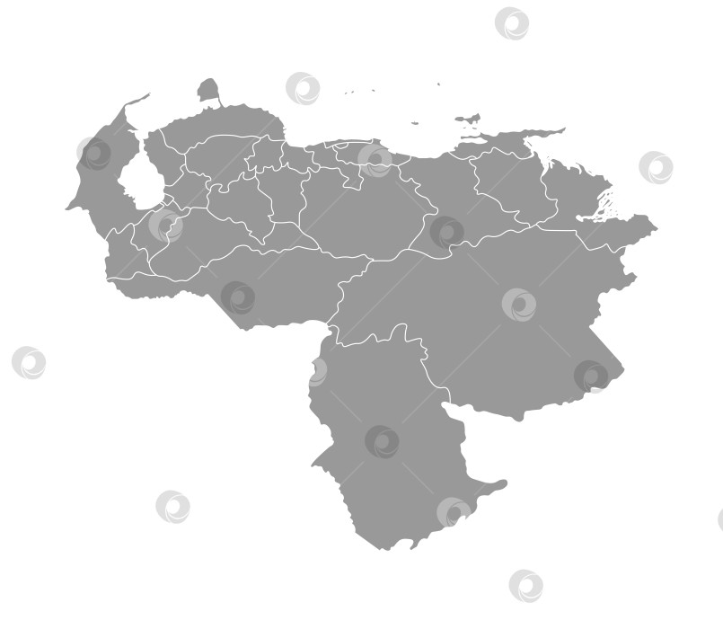 Скачать Векторная изолированная иллюстрация упрощенной административной карты Венесуэлы. Границы провинций, регионов. Серые силуэты. Белый контур. фотосток Ozero