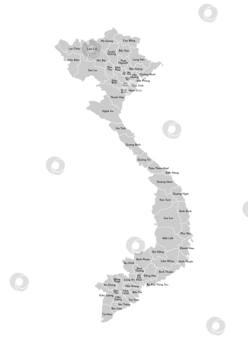 Скачать Векторная изолированная иллюстрация упрощенной административной карты Вьетнама. Границы и названия провинций, регионов. Серые силуэты. Белый контур фотосток Ozero