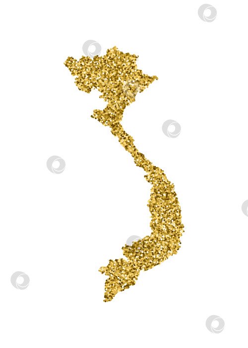 Скачать Векторная изолированная иллюстрация с упрощенной картой Вьетнама. Украшена блестящей текстурой золотого блеска. Новогоднее и рождественское украшение для поздравительной открытки. фотосток Ozero