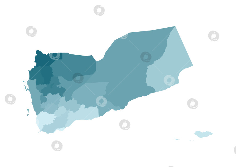 Скачать Векторная изолированная иллюстрация упрощенной административной карты Йемена. Границы регионов, мухафаз. Красочные силуэты синего цвета хаки фотосток Ozero