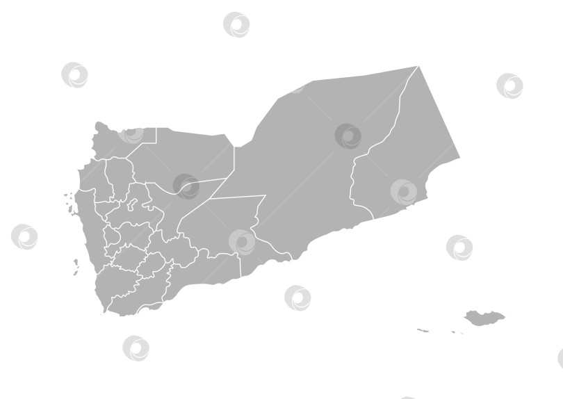 Скачать Векторная изолированная иллюстрация упрощенной административной карты Йемена. Границы регионов, мухафаз. Серые силуэты. Белый контур. фотосток Ozero
