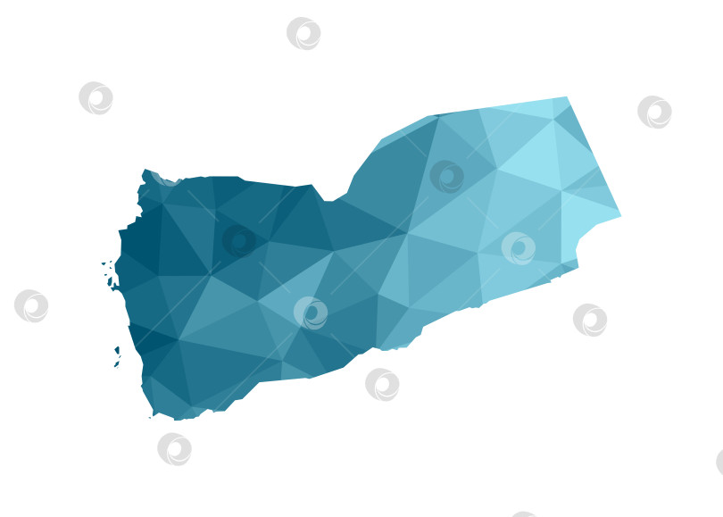 Скачать Векторная изолированная иллюстрация с упрощенным синим силуэтом карты Йемена. Многоугольный геометрический стиль, треугольные формы. Белый фон. фотосток Ozero