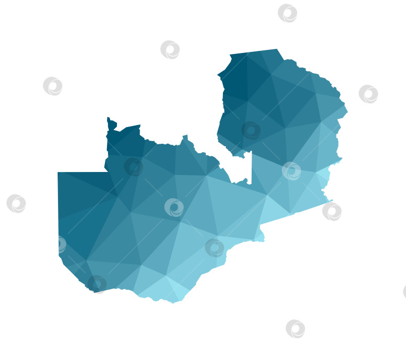 Скачать Векторная изолированная иллюстрация с упрощенным синим силуэтом карты Замбии. Многоугольный геометрический стиль, треугольные формы. Белый фон. фотосток Ozero