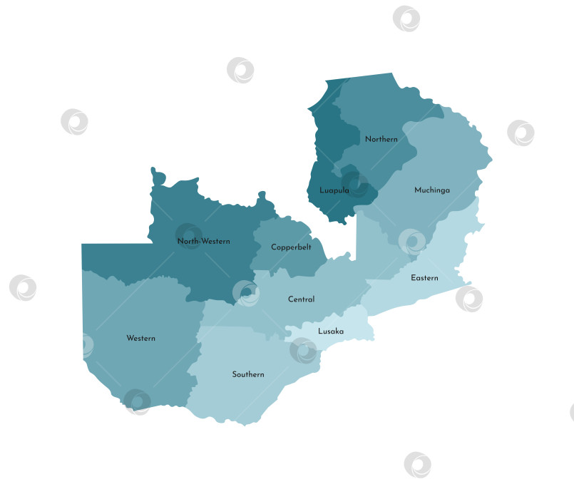 Скачать Векторная изолированная иллюстрация упрощенной административной карты Замбии. Границы и названия провинций, регионов. Красочные силуэты синего цвета хаки фотосток Ozero