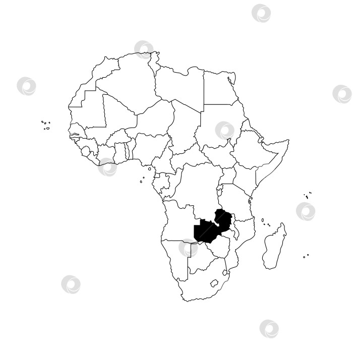 Скачать Векторная изолированная иллюстрация с изображением Африканского континента с границами всех государств. Политическая карта Замбии с черным контуром. Белый фон. фотосток Ozero