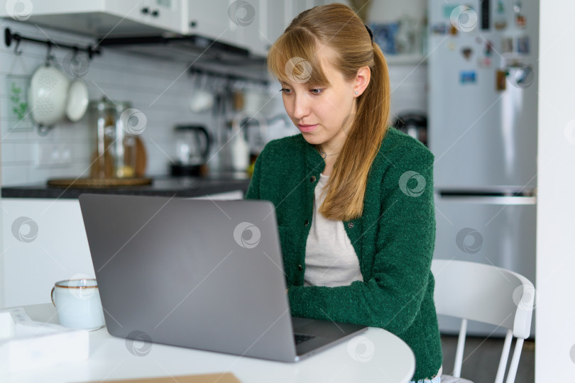 Скачать Сосредоточенная женщина, работающая на кухне за ноутбуком. Концепция домашнего офиса и многозадачности фотосток Ozero