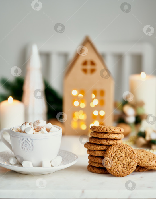 Скачать Горячее какао с зефиром в белой кружке, украшенной зимним рождественским декором фотосток Ozero