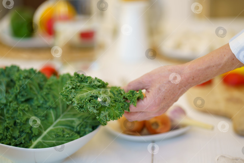 Скачать Неузнаваемая пожилая женщина готовит овощной салат во время приготовления пищи на кухне у себя дома фотосток Ozero