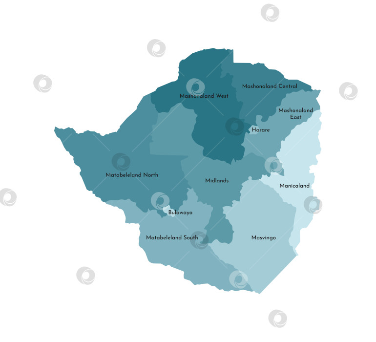 Скачать Векторная изолированная иллюстрация упрощенной административной карты Зимбабве. Границы и названия провинций, регионов. Красочные силуэты синего цвета хаки фотосток Ozero