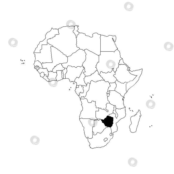 Скачать Векторная изолированная иллюстрация с изображением Африканского континента с границами всех государств. Политическая карта Зимбабве с черным контуром. Белый фон. фотосток Ozero