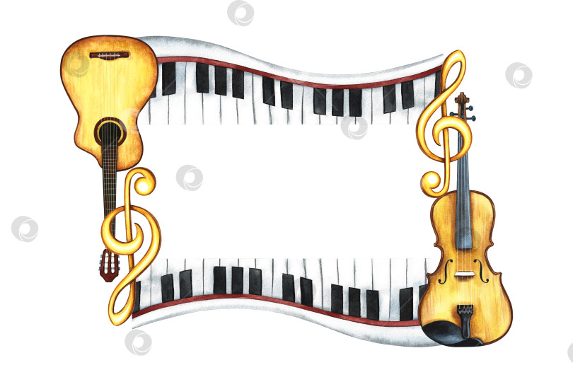 Скачать Рамка музыкальная с гитарами, клавишами пианино и скрипкой для надписи. Акварельная иллюстрация выполнена вручную. Для плакатов, флаеров и пригласительных билетов. Для поздравительных открыток, сертификатов. фотосток Ozero