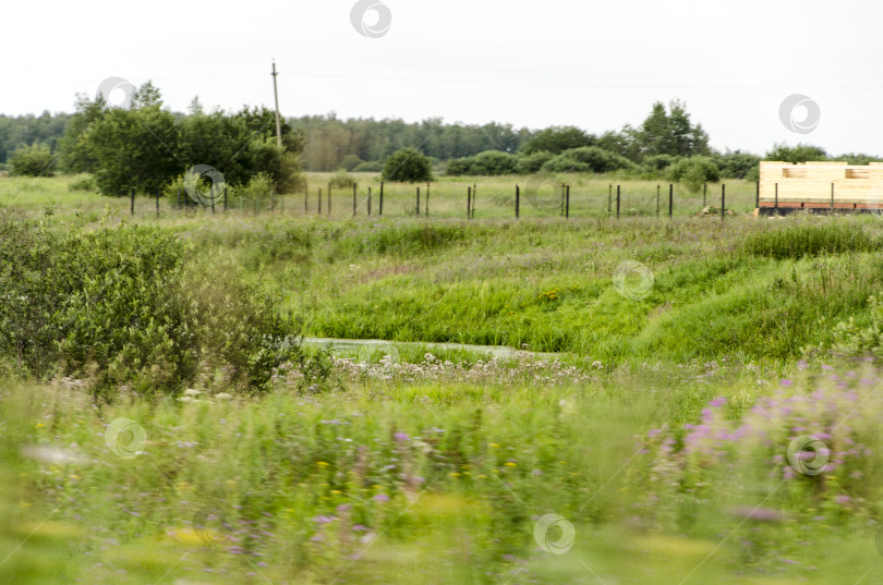 Скачать летний пейзаж с зеленым лугом и деревянным забором на заднем плане фотосток Ozero