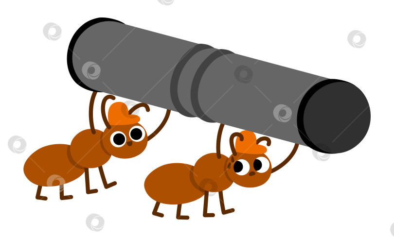 Скачать Векторные муравьи в касках, несущие большую металлическую трубу. Иллюстрация рабочего строительной площадки для детей. Забавные персонажи-насекомые-строители. Значок милого животного-ремонтника, выделенный на белом фоне фотосток Ozero