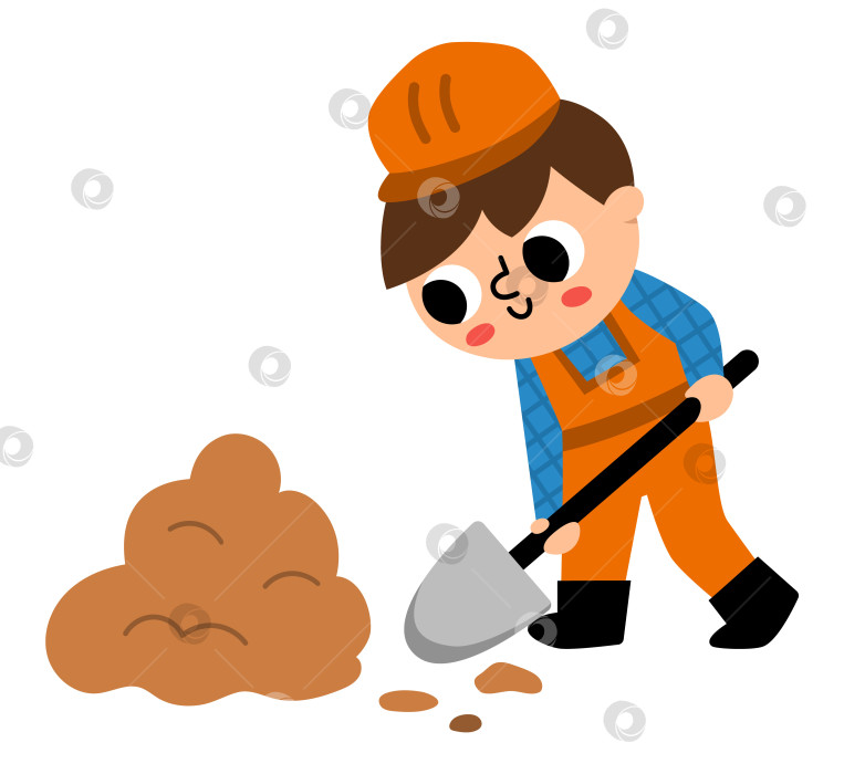 Скачать Векторный мультяшный строитель, копающий землю лопатой. Симпатичная иллюстрация ремонтника для детей, выделенная на белом фоне. Забавный рабочий в каске с лопатой. Значок профессии для детей фотосток Ozero