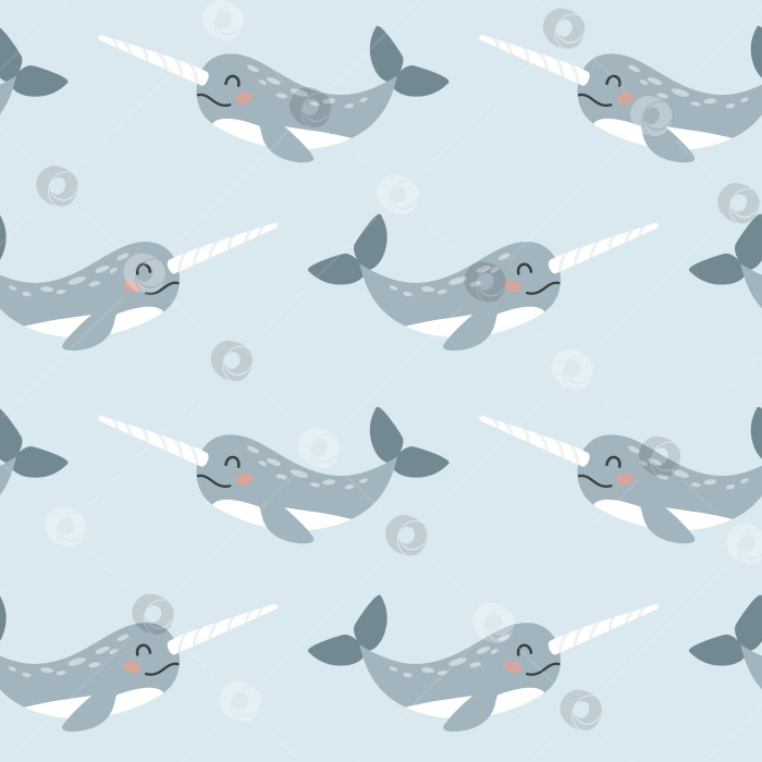 Скачать Бесшовный узор с милым мультяшным нарвалом на синем фоне. Детские рисунки морских животных для печати, текстиля. фотосток Ozero