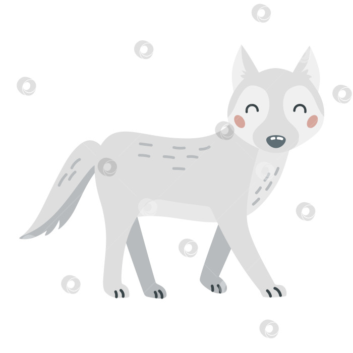 Скачать Милый мультяшный белый волк, нарисованный от руки на изолированном белом фоне. Символ полярных, арктических, тундровых, лесных животных для логотипа, талисмана, дизайна. фотосток Ozero