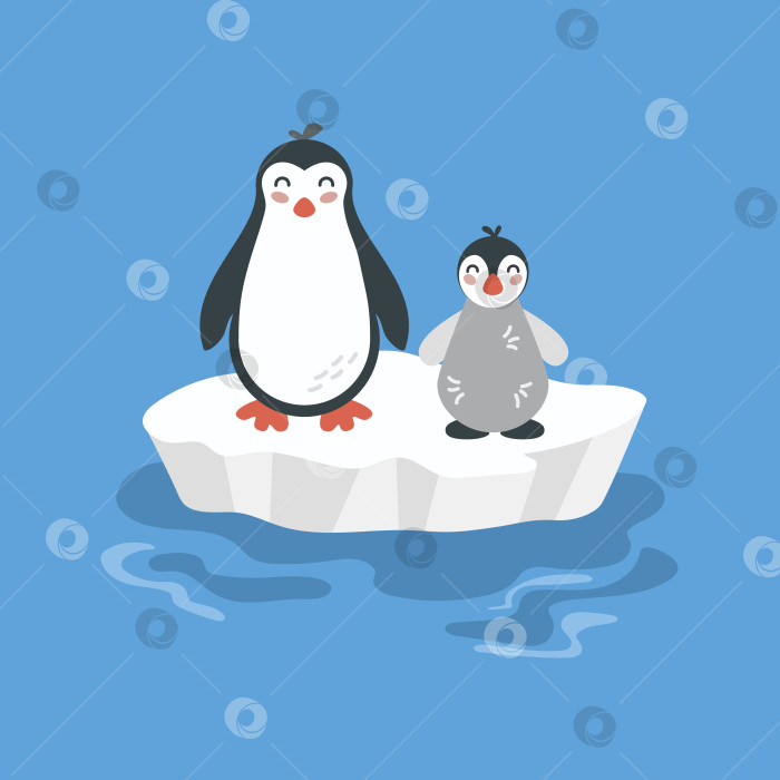 Скачать Иллюстрация с изображением милой мультяшной семьи пингвинов на льдине. Детеныш пингвина, арктические животные. Для открыток, плакатов, печати. фотосток Ozero