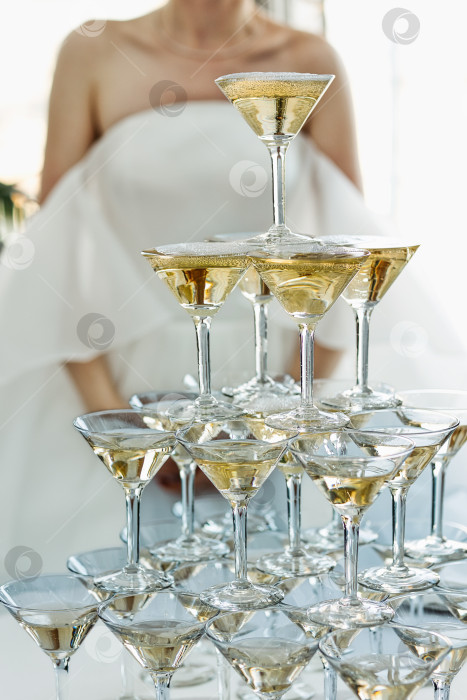 Скачать Шампанское вино, разлитое в бокалы в виде пирамидв. фотосток Ozero