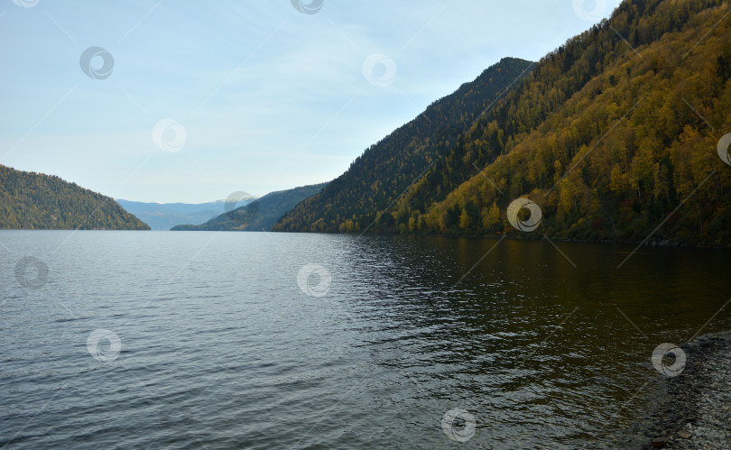 Скачать Отражение высоких, пологих гор в водах большого и широкого озера пасмурным осенним вечером. фотосток Ozero