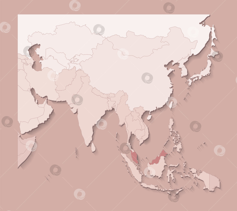 Скачать Векторная иллюстрация с областями Азии с границами государств и обозначенной страной Малайзия. Политическая карта с регионами в коричневых тонах. Бежевый фон фотосток Ozero
