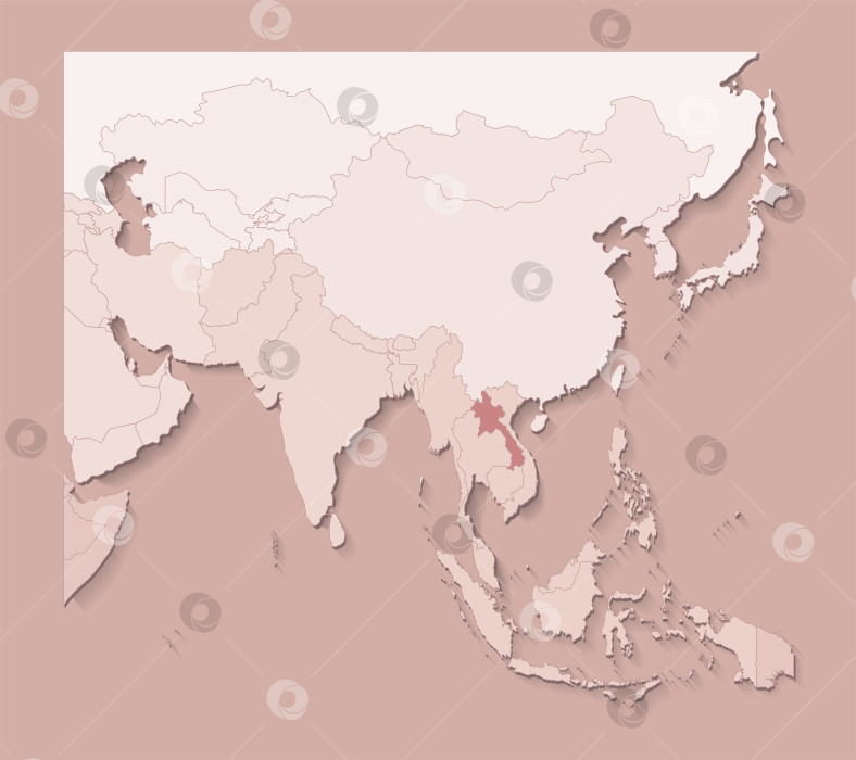 Скачать Векторная иллюстрация с областями Азии с границами государств и обозначенной страной Лаос. Политическая карта с регионами, выполненная в коричневых тонах. Бежевый фон фотосток Ozero