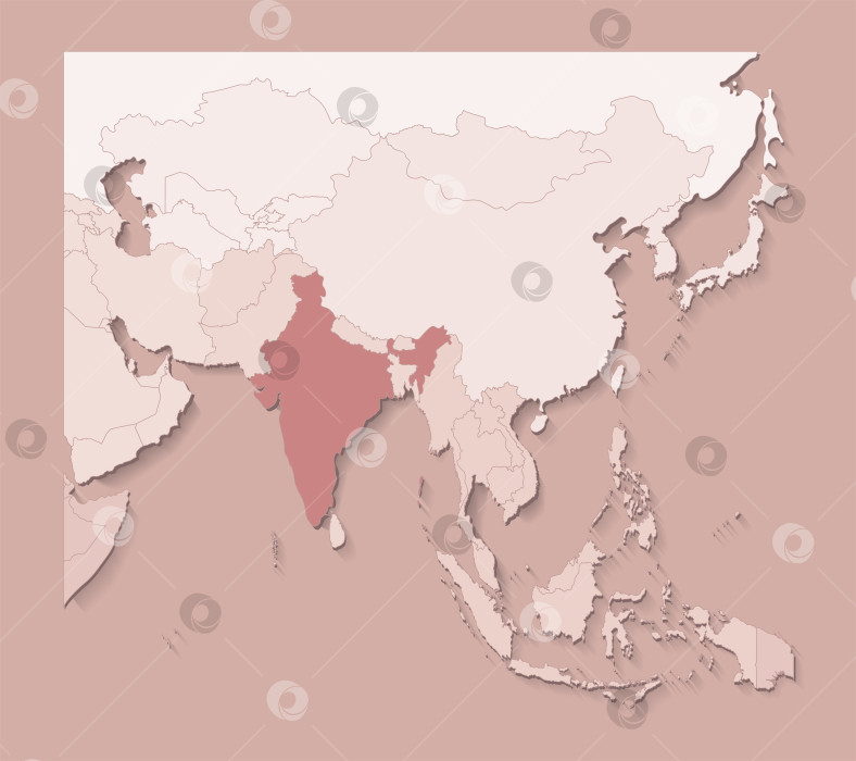 Скачать Векторная иллюстрация с областями Азии с границами штатов и отмеченной страной Индией; Политическая карта в коричневых тонах с регионами. Бежевый фон фотосток Ozero