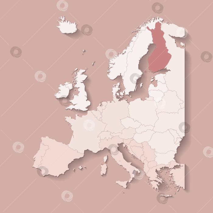 Скачать Векторная иллюстрация с изображением европейской территории с границами государств и отмеченной страной Финляндия. Политическая карта в коричневых тонах с западными, южными и другими регионами. Бежевый фон фотосток Ozero