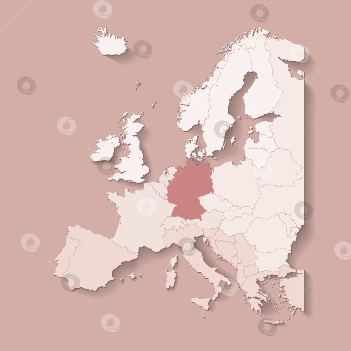 Скачать Векторная иллюстрация с изображением европейской территории с границами государств и отмеченной страной Германией. Политическая карта в коричневых тонах с западными, южными и другими регионами. Бежевый фон фотосток Ozero