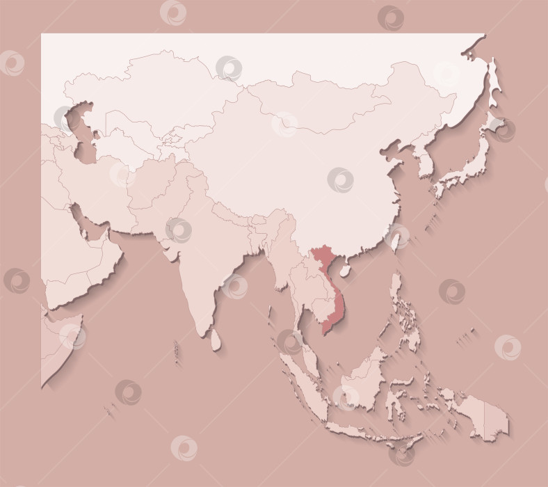 Скачать Векторная иллюстрация с азиатскими районами с границами государств и обозначенной страной Вьетнам. Политическая карта в коричневых тонах с регионами. Бежевый фон фотосток Ozero