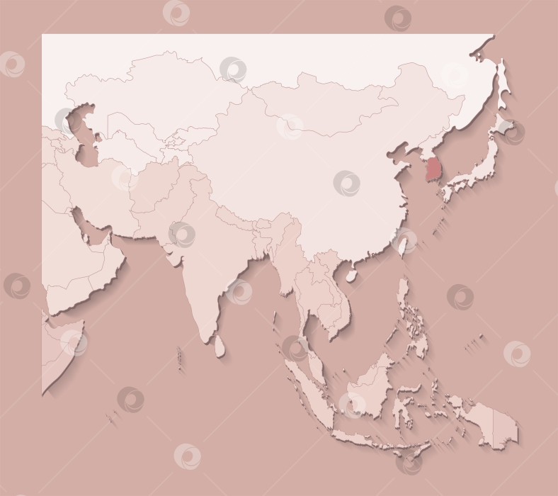 Скачать Векторная иллюстрация с областями Азии с границами государств и обозначенной страной Южная Корея. Политическая карта в коричневых тонах с регионами. Бежевый фон фотосток Ozero