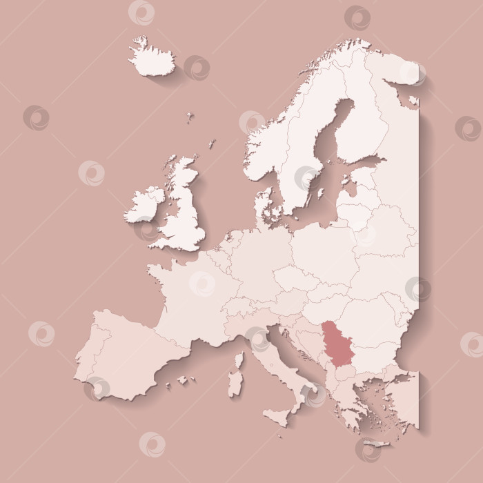 Скачать Векторная иллюстрация с изображением европейской территории с границами государств и отмеченной страной Сербия. Политическая карта в коричневых тонах с западными, южными и другими регионами. Бежевый фон фотосток Ozero
