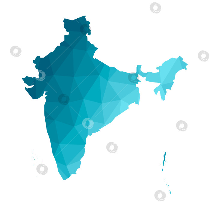 Скачать Векторная изолированная иллюстрация с упрощенным синим силуэтом карты Индии. Многоугольный геометрический стиль, треугольные формы. Белый фон. фотосток Ozero