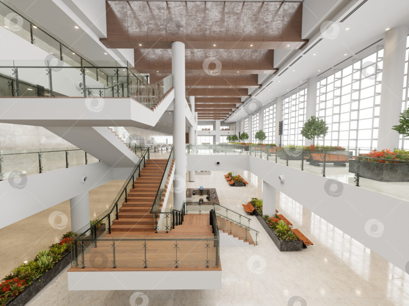 Скачать современный интерьер офисного здания с лестницами и растениями. фотосток Ozero