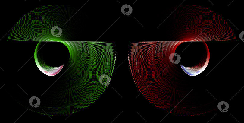 Скачать Красные и зеленые абстрактные пропеллеры в полоску расположены симметрично и вращаются на черном фоне. Набор. Иконка, логотип, символ, вывеска. 3D-рендеринг. 3D-иллюстрация. фотосток Ozero