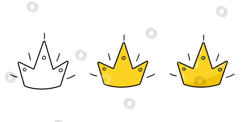 Скачать Набор иллюстраций с коронами для детей в мультяшном стиле и в стиле каракулей. Дизайн для маленьких принцесс и принцев. фотосток Ozero