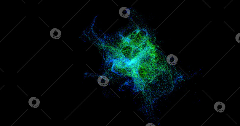 Скачать Абстрактный фон из летящих мелких частиц с небольшой глубиной резкости. Хаотичное излучение частиц синего и зеленого цветов на черном фоне. Иллюстрация 3D-рендеринга фотосток Ozero