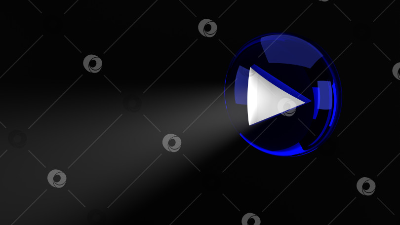 Скачать Синий значок кнопки воспроизведения, из центра которого выходит луч света. Концепция музыки и цифрового звука на черном фоне. Иллюстрация 3D-рендеринга фотосток Ozero