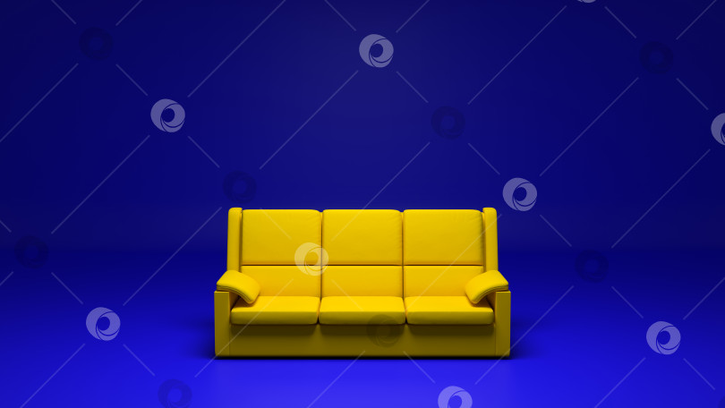 Скачать Ярко-желтый диван на темно-синем фоне. Концепция мебельного производства или мебельного магазина. свободное место. Иллюстрация в формате 3D фотосток Ozero