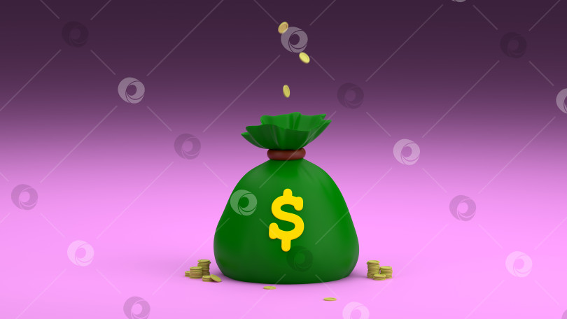 Скачать Мультяшный зеленый денежный мешок со знаком доллара до краев наполнен монетами и туго завязан. Несколько монет лежат рядом. Денежный мешок на фиолетовом фоне. Иллюстрация в формате 3D фотосток Ozero