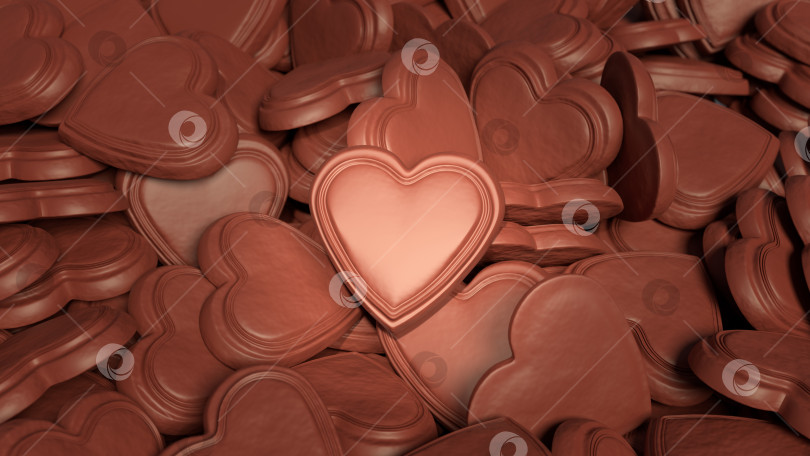Скачать Фон из множества шоколадных сердечек. Одно из них подсвечено лучом света. Шоколадные конфеты в форме сердца. Фон для кондитерских изделий. Иллюстрация с 3D-рендерингом фотосток Ozero