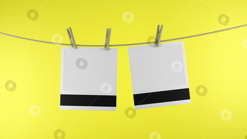 Скачать Две пустые фотокарточки на ярко-желтом фоне. Рамка для фотографий и место для надписей. 3D-иллюстрация фотосток Ozero