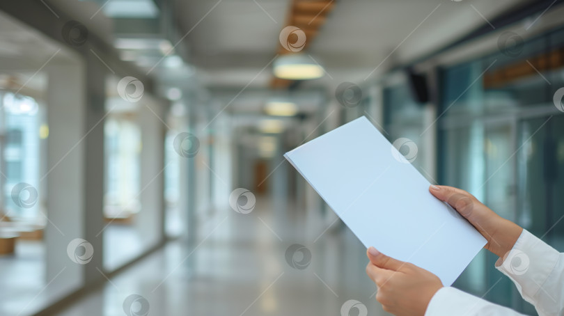 Скачать Женская рука, держащая белый лист бумаги в коридоре офиса фотосток Ozero