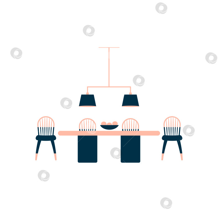 Скачать Обеденный стол, стулья, люстра. Интерьерная двухцветная иконка в плоском стиле фотосток Ozero