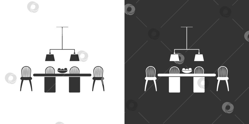 Скачать Обеденный стол и стулья. Плоская интерьерная иконка. Черная и белая версия фотосток Ozero
