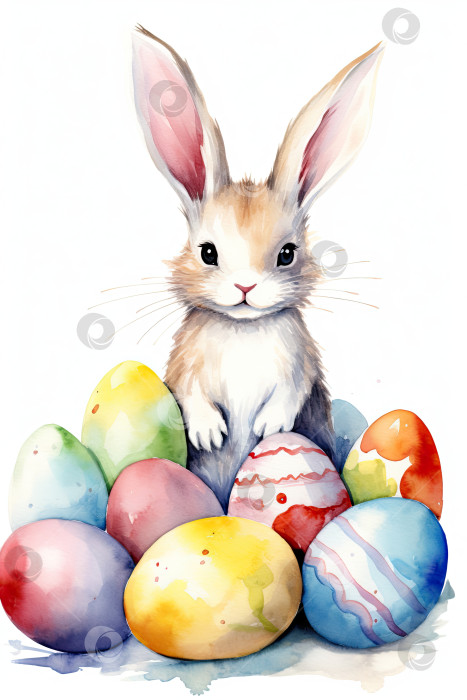 Скачать Милый кролик и цветные пасхальные яйца на белом фоне, рисунок акварелью фотосток Ozero