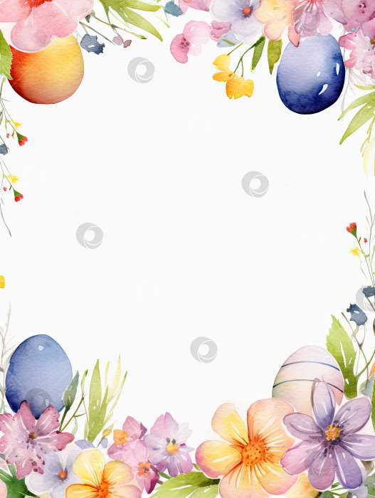 Скачать Обрамление пасхальных яиц цветами на белом фоне с пространством для копирования; акварельная иллюстрация фотосток Ozero