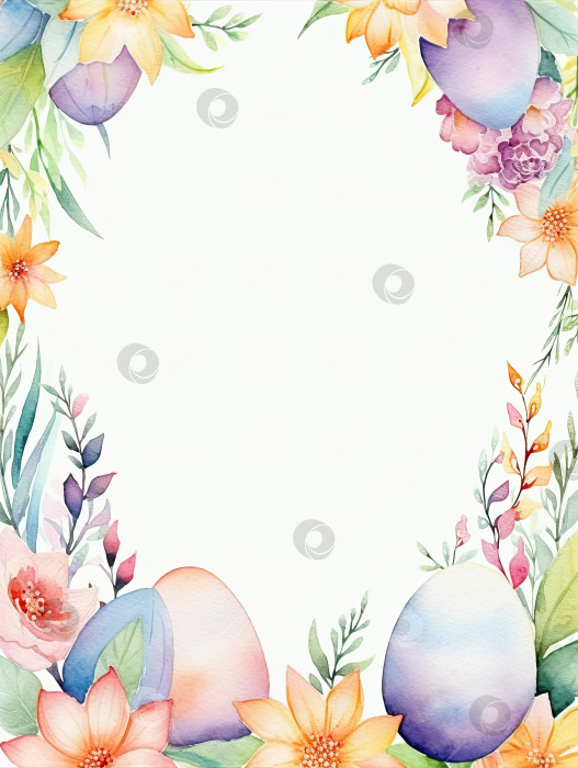 Скачать Обрамление пасхальных яиц цветами на белом фоне с пространством для копирования; акварельная иллюстрация фотосток Ozero